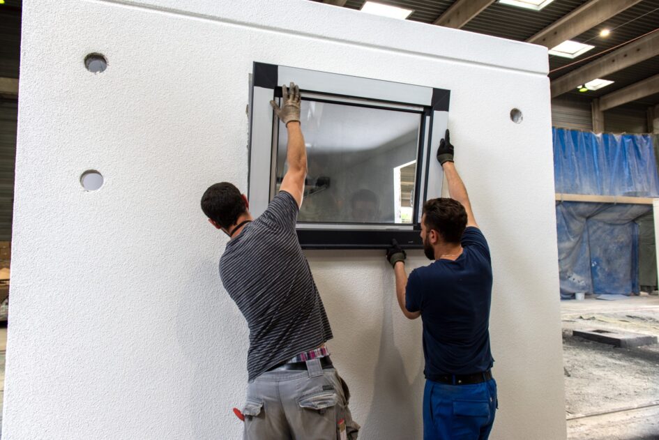 Einbau eines Fensters bei der Produktion einer Fertiggarage
